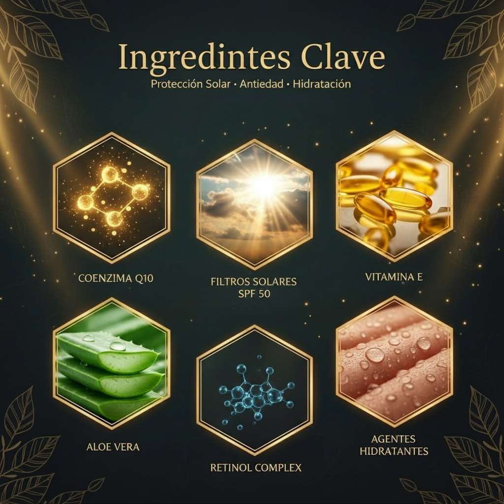 Ingredientes Crema Solar - Estilo Hexágonos Dorados