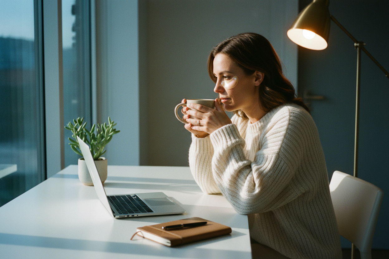 Morning ritual - mujer con parches frente al ordenador
