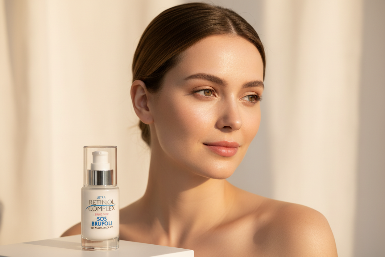 Sérum Retinol — Modelo + Producto, Luz de Mañana